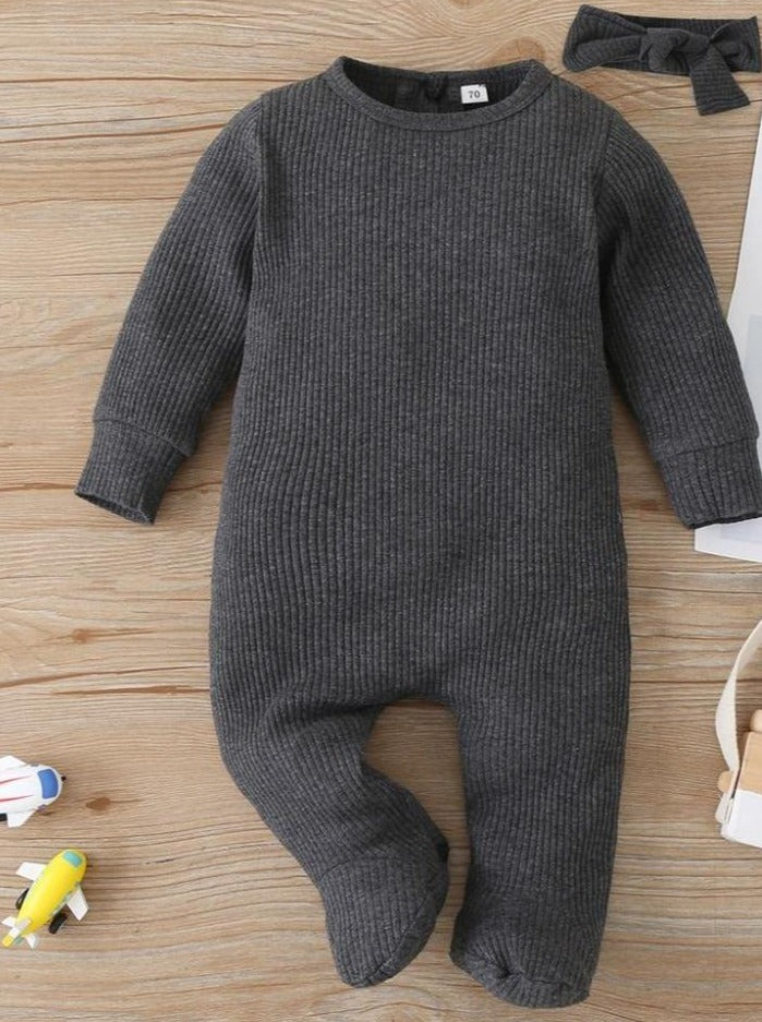 Baby Playtime Long Sleeve Ribbed Footie Onesie With Headband Grey