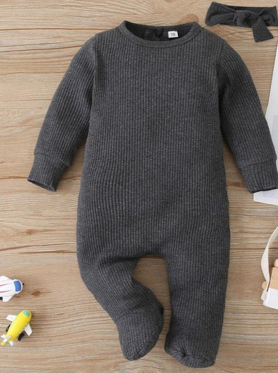 Baby Playtime Long Sleeve Ribbed Footie Onesie With Headband Grey