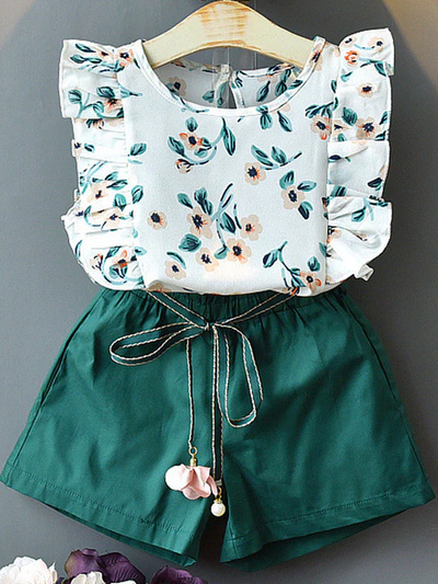 Girls Spring Outfits | Toddler Floral Ruffle Top & Paperbag Shorts Set