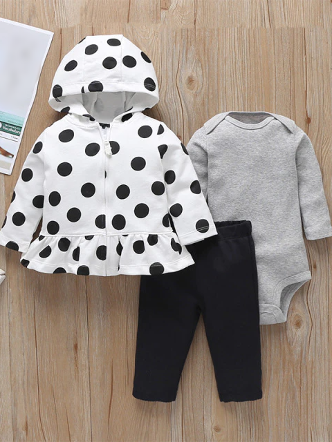 Baby Polka Dot Darling Long Sleeve Onesie, Hooded Jacket, And Legging Set