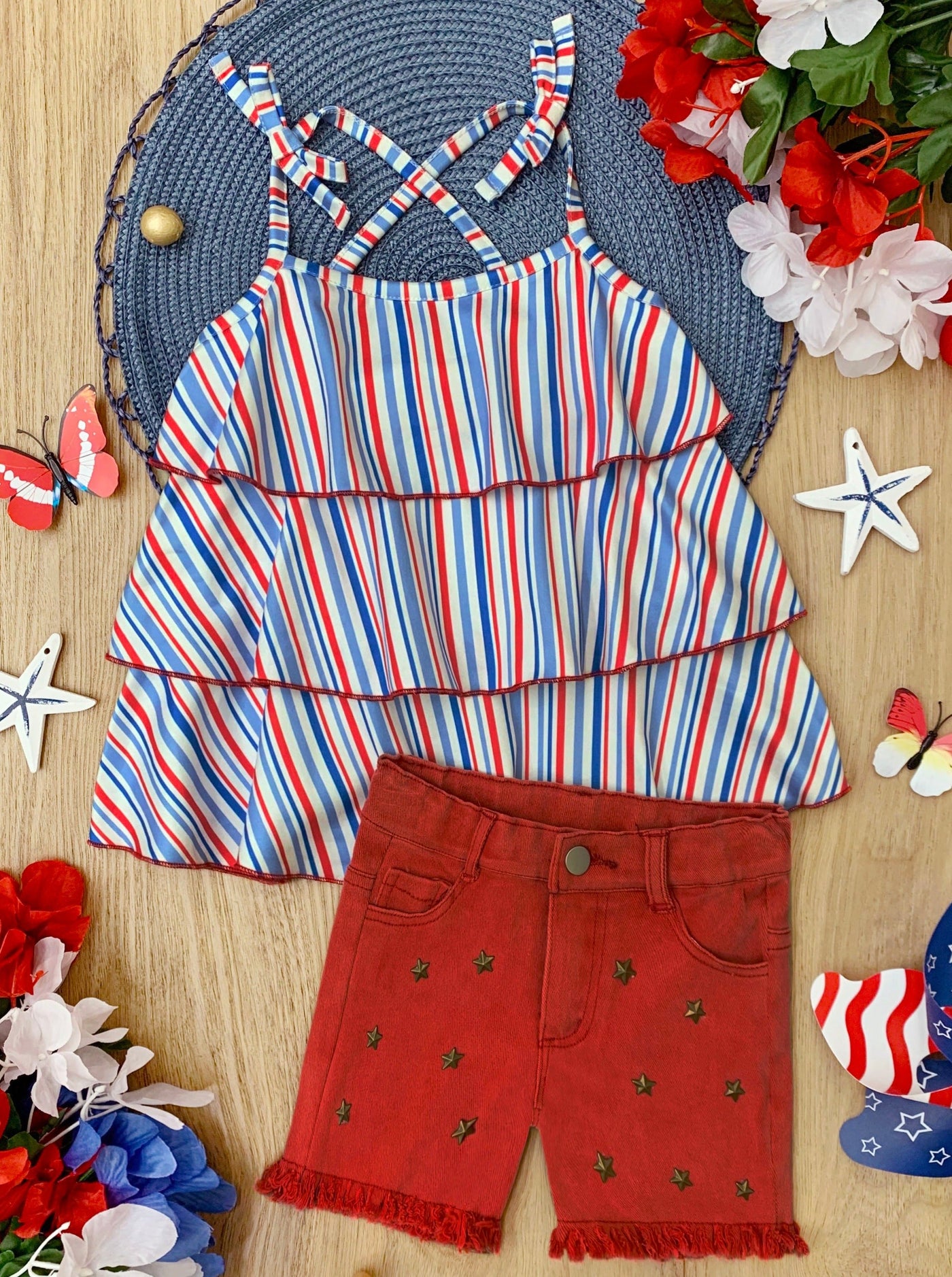Girls 4th of July Sets | Tiered Halter Top & Frayed Denim Shorts Set