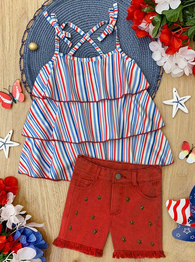 Girls 4th of July Sets | Tiered Halter Top & Frayed Denim Shorts Set