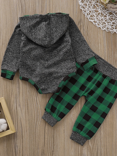 Baby Checkered Plaid Playtime Hooded Bodysuit And Pants Set Green