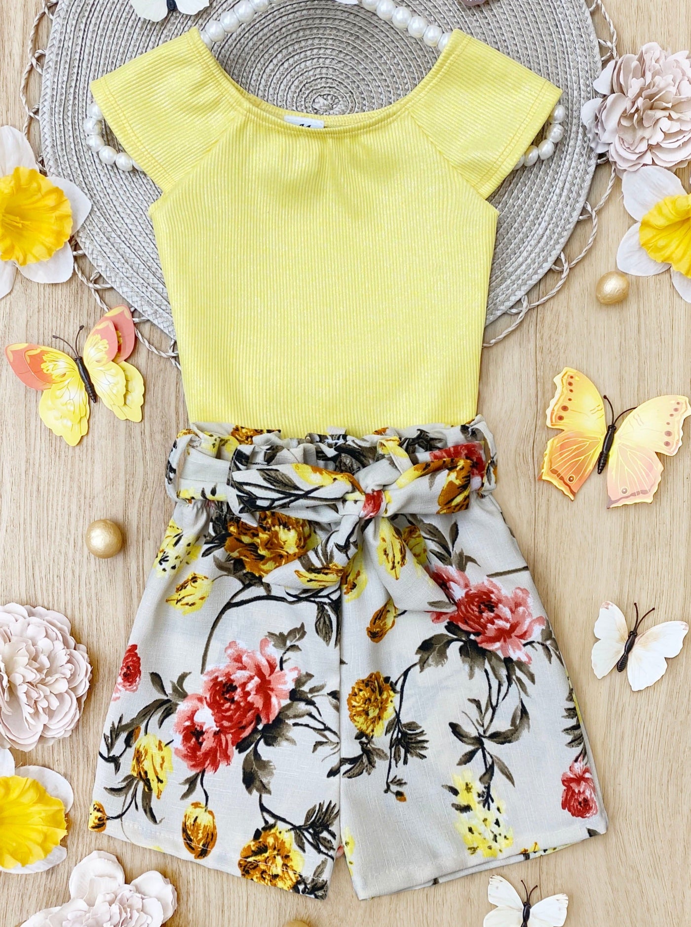 Kids Spring Sets | Girls Shimmer Ribbed Top & Paperbag Belted Shorts