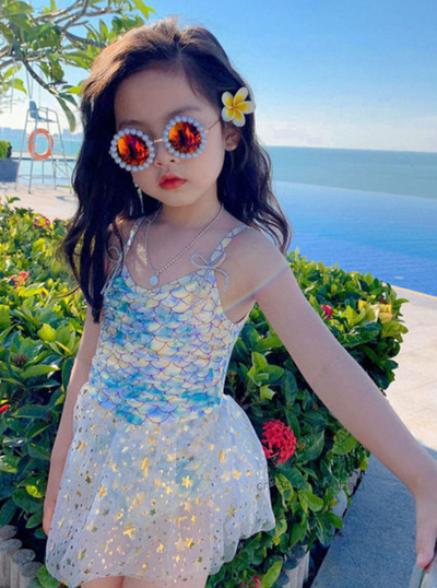 Little girls mermaid print skirted one-piece swimsuit with reflective fabric - Mia Belle Girls