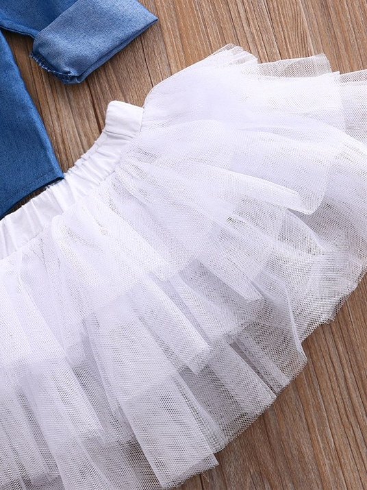 Baby set features a denim shirt with front buttons and a tutu skirt with matching headbands