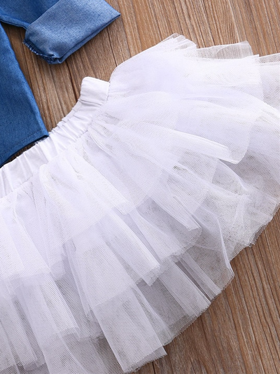 Baby set features a denim shirt with front buttons and a tutu skirt with matching headbands