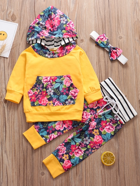Baby Autumn Floral Fun Hooded Sweater, Legging, And Headband Set Yellow
