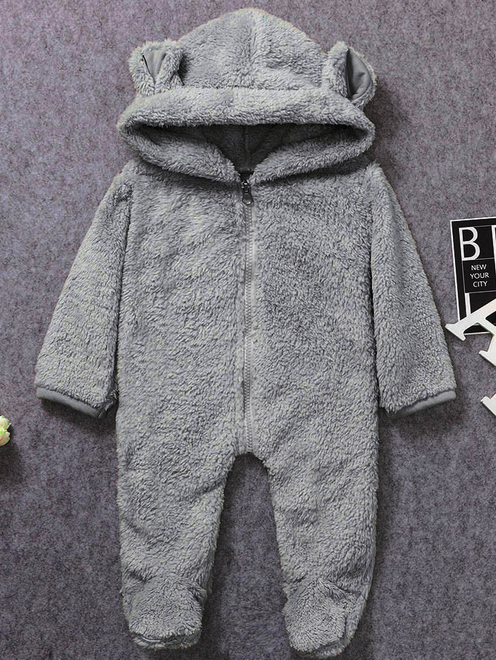 Baby hooded jumpsuit/onesie with little ears on the hood, front zipper closure, and footies