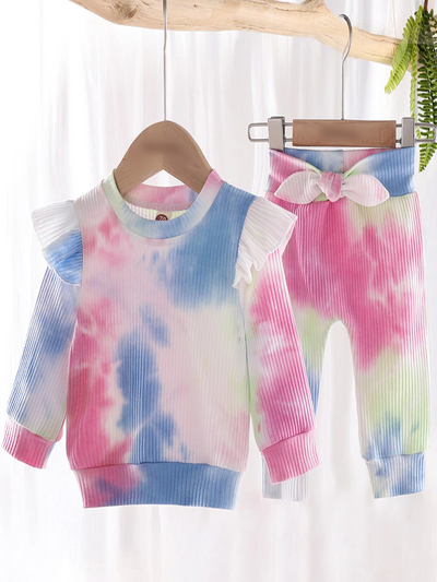 Baby Tie Dye Diva Ribbed Ruffled Long Sleeve Shirt and Pants Set