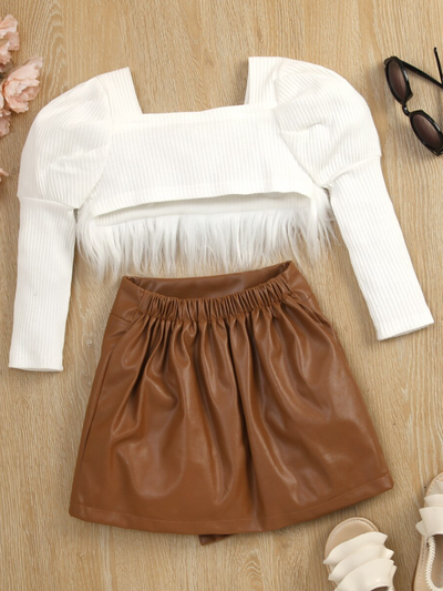 Toddler Everyday Fashion | Girls Furry Crop Top PU Leather Skort Set