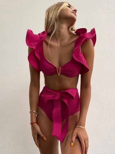 Women's Ruffle Shoulder High Waist Tie Two Piece Swimsuit - Mia Belle Girls
