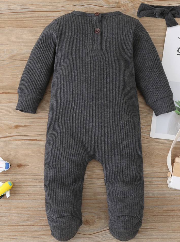 Baby Playtime Long Sleeve Ribbed Footie Onesie With Headband Grey