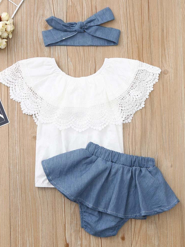 Baby set features a ruffled top with crocheted bib and denim skirted bloomers with a headband