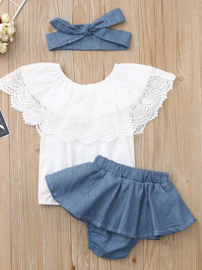 Baby set features a ruffled top with crocheted bib and denim skirted bloomers with a headband