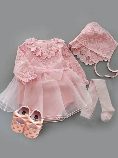 Baby set features a onesie with a tulle skirt, matching shoes, and cap