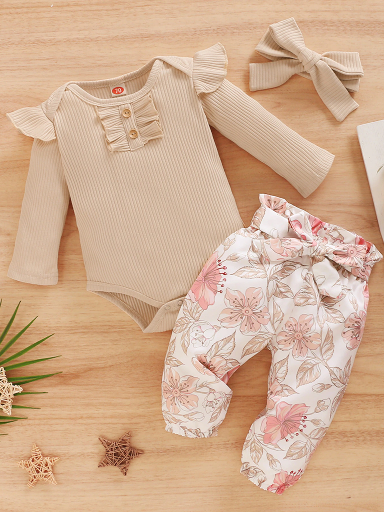 Baby Floral Pants Please 3 Piece Romper And Leggings Set Beige