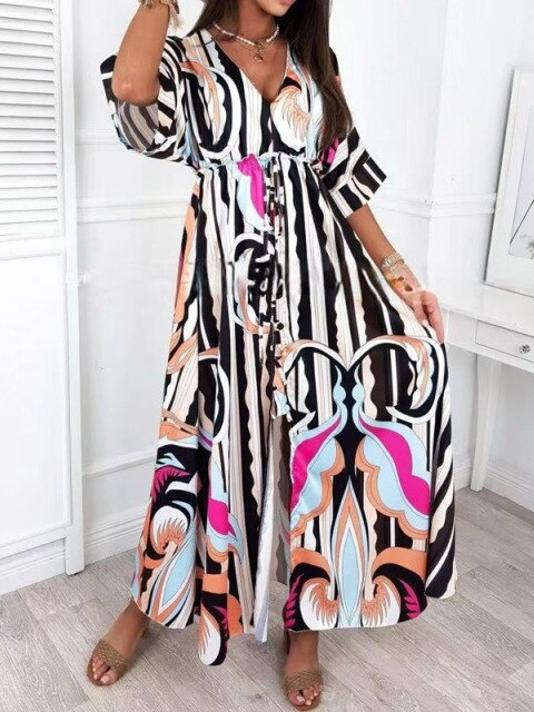 Women's Deco Patterned Swimsuit Kimono Maxi Cover Up