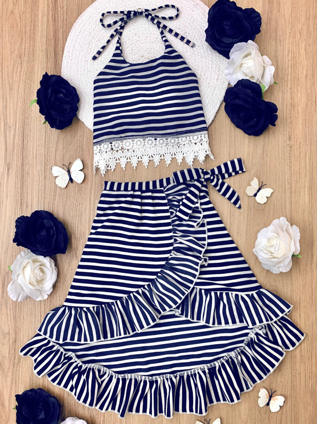 Baby Doll Navy Striped Crochet Hem Skirt Set