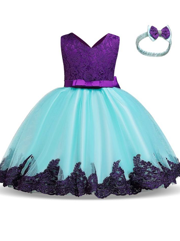 Baby Floral Lace Embroidered Beaded Dress with Bow-light blue