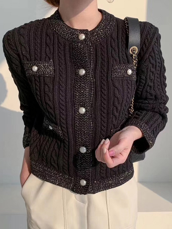 Women's Elegant Preppy Chic Twist Knit Cardigan Black