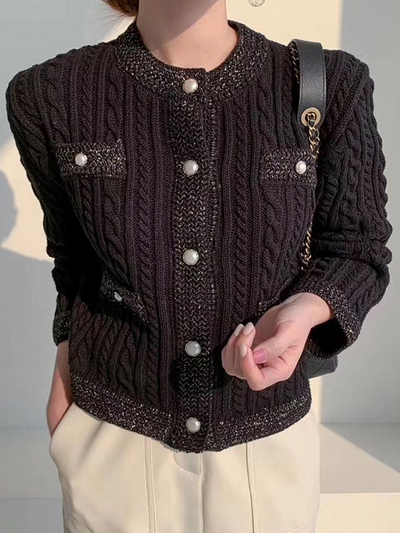 Women's Elegant Preppy Chic Twist Knit Cardigan Black