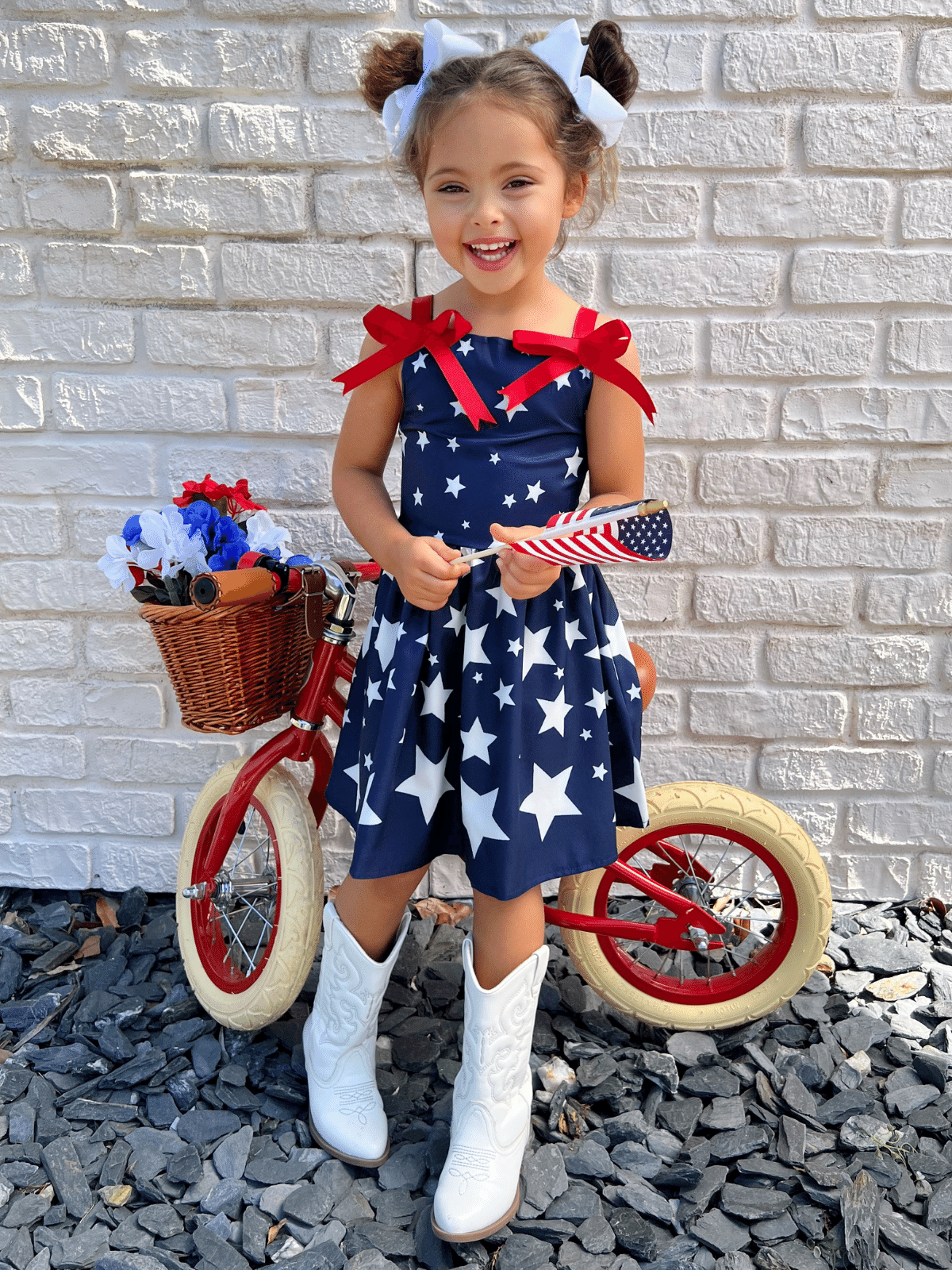 Girls 4th of July Dresses | Star Print Red Bow Accent Pleated Sundress