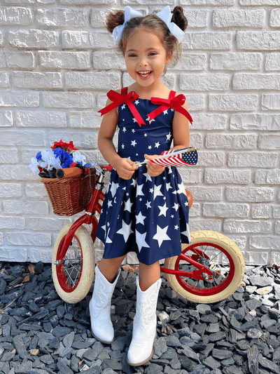 Girls 4th of July Dresses | Star Print Red Bow Accent Pleated Sundress