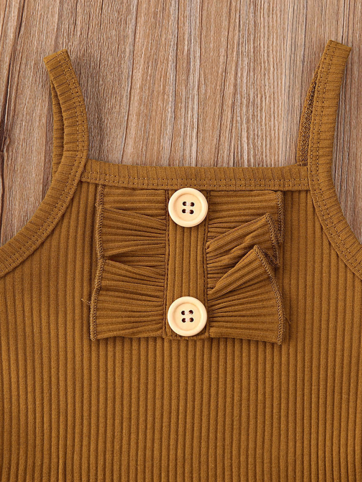 Baby onesie bodysuit has a cute ruffle detail and front buttons and spaghetti straps and skirted bloomers