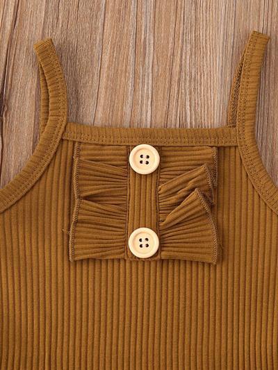 Baby onesie bodysuit has a cute ruffle detail and front buttons and spaghetti straps and skirted bloomers