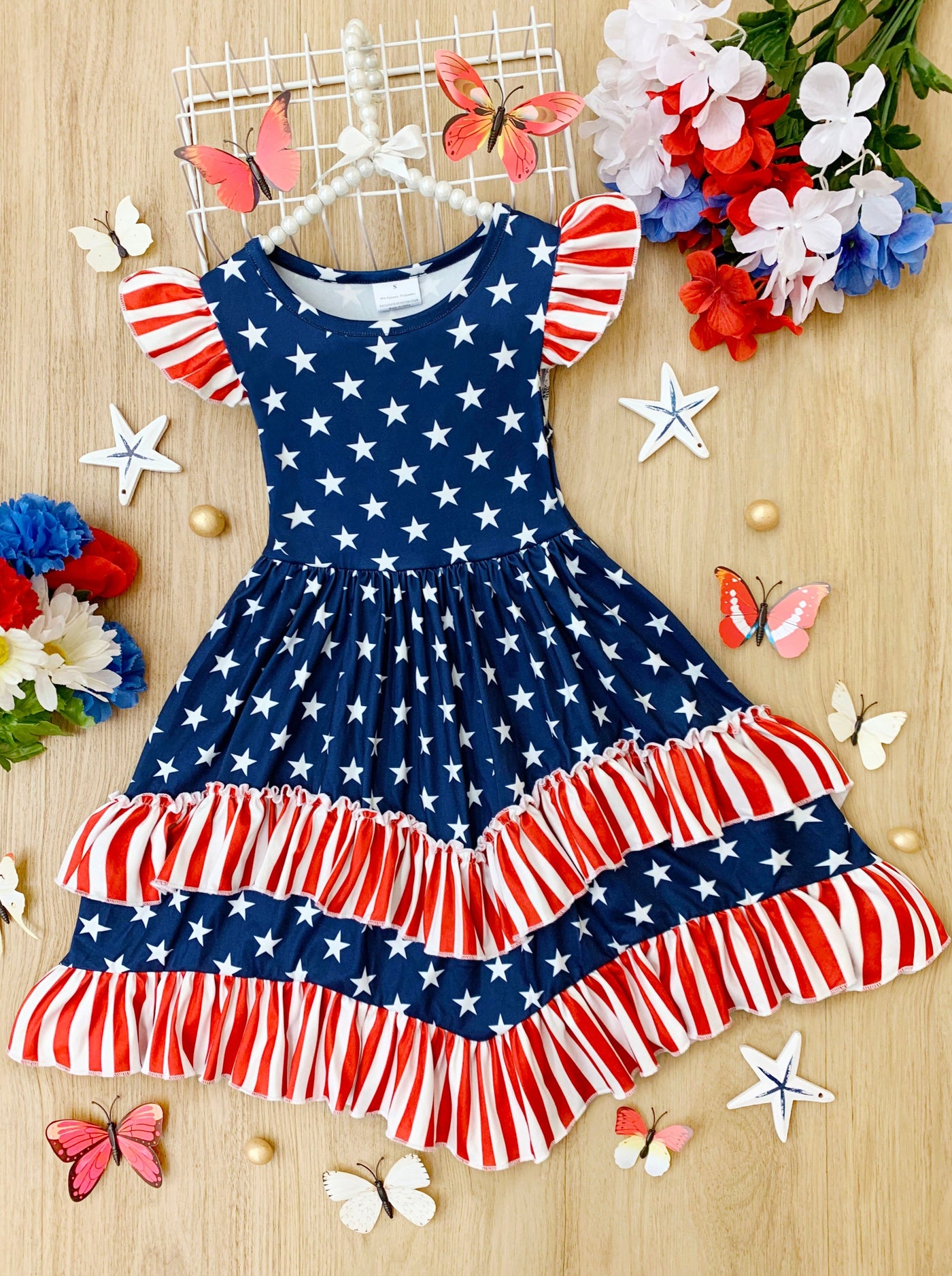 Girls 4th of July Dress | Flutter Sleeve USA Flag Tiered Ruffle Dress