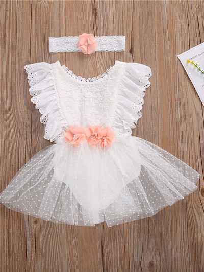 Baby set features a lace onesie with a polka dot tulle skirt and pretty pink flower applique at the waist comes with a matching headband