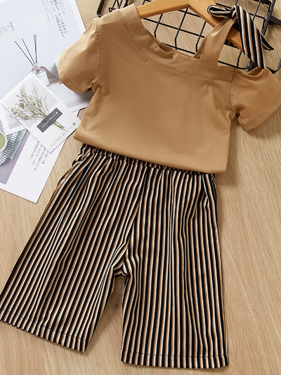Girls Spring Outfits | Off Shoulder Top & Striped Palazzo Pants Set
