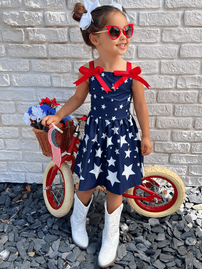 Girls 4th of July Dresses | Star Print Red Bow Accent Pleated Sundress
