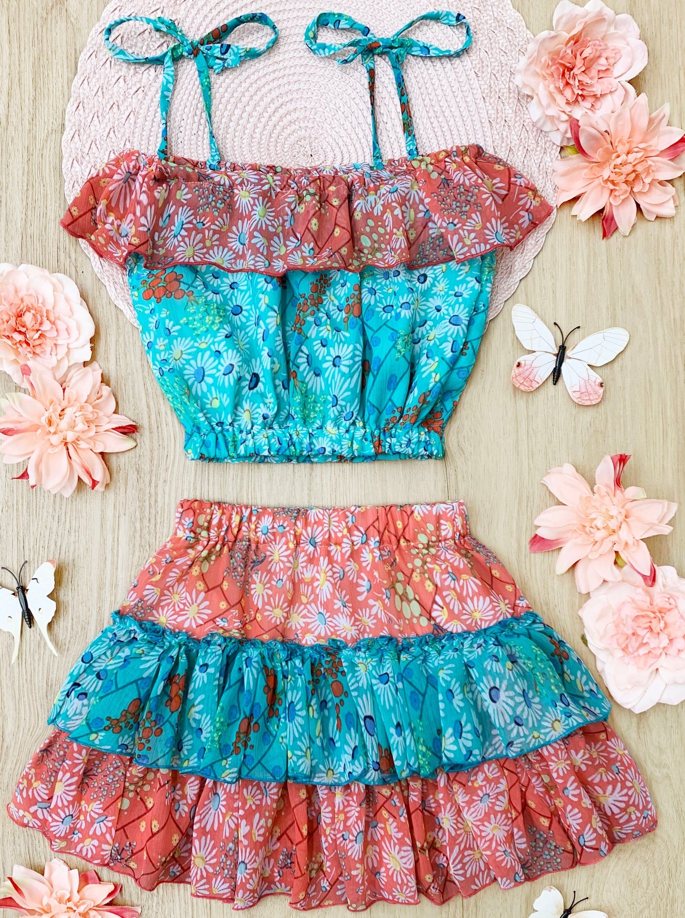 Toddler Spring Dresses | Girls Floral Ruffled Bib Top & Skirt Set