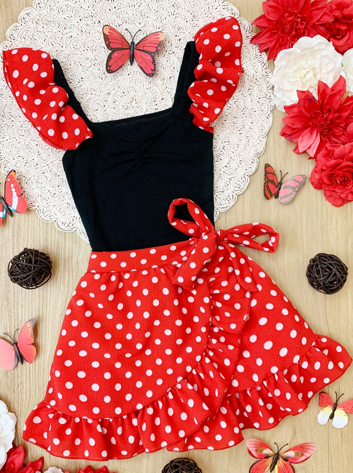 Girls Spring Outfits | Toddler Polka Dot Top & Ruffle Wrap Skirt Set