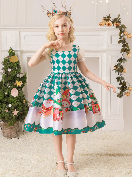 Cute Christmas Dresses | Girls Argyle Puff Sleeve Holiday Scene Dress