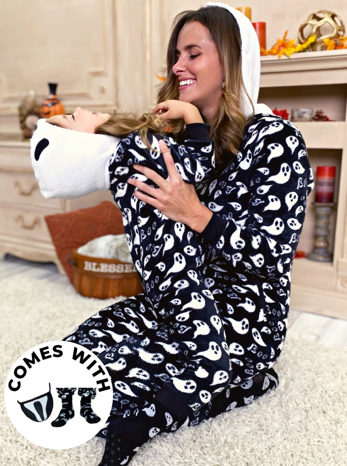 Family Halloween Ghost Hoodie Onesie Pajamas Set - Mia Belle Girls
