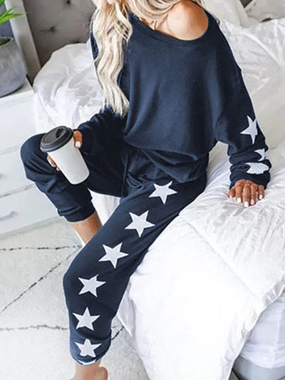 Women's Star Print Loose Lounge Top with Matching Jogger Pants