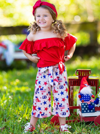 Kids 4th of July Outfits | Girls Red Ruffle Top & Patriotic Pants Set