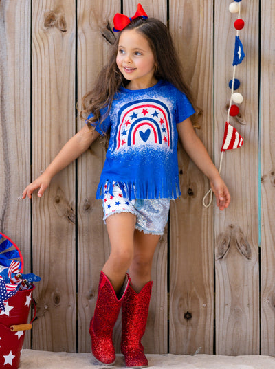Girls 4th of July Outfits | Americana Fringed Top & Denim Shorts Set