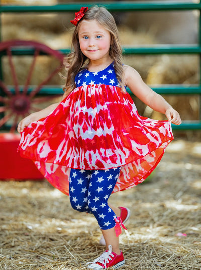 Girls 4th of July Outfits | USA Tie Dye Hi-Lo Tunic & Legging Set