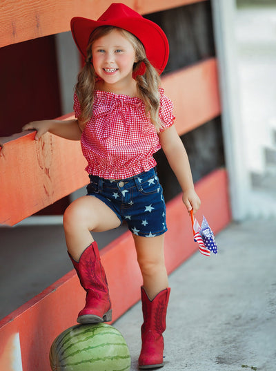 Girls 4th of July Outfits | Plaid Smocked Top & Star Denim Shorts Set
