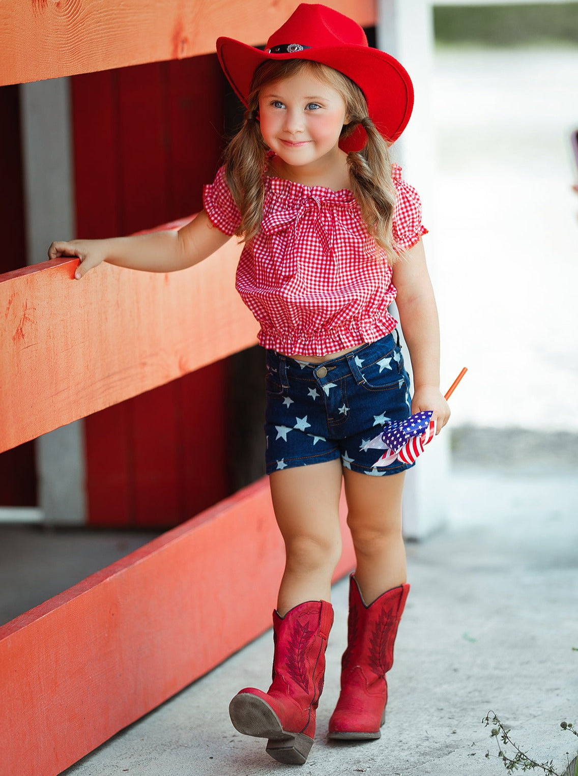 Girls 4th of July Outfits | Plaid Smocked Top & Star Denim Shorts Set
