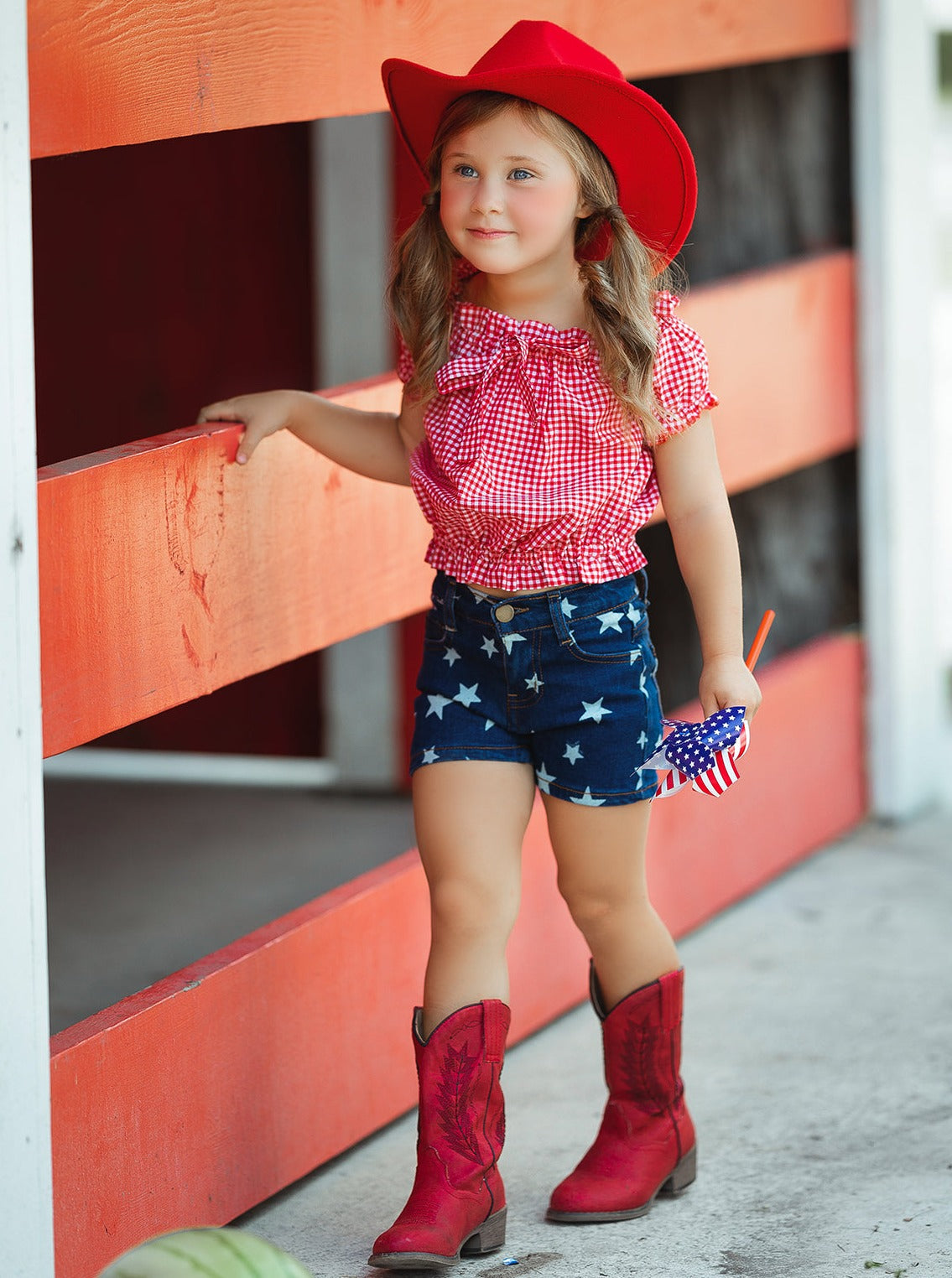 Girls 4th of July Outfits | Plaid Smocked Top & Star Denim Shorts Set