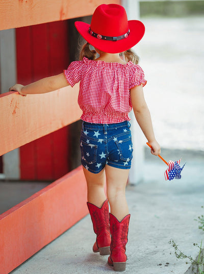Girls 4th of July Outfits | Plaid Smocked Top & Star Denim Shorts Set