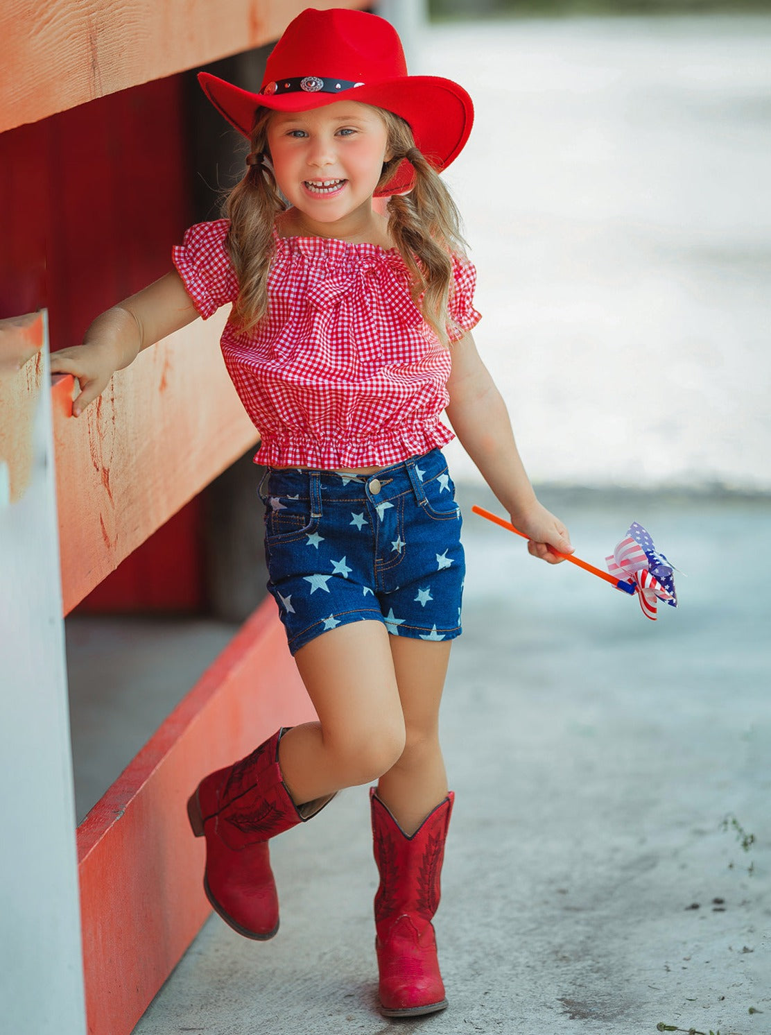 Girls 4th of July Outfits | Plaid Smocked Top & Star Denim Shorts Set