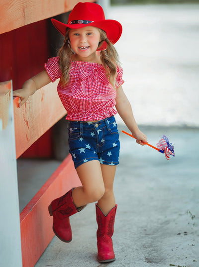 Girls 4th of July Outfits | Plaid Smocked Top & Star Denim Shorts Set