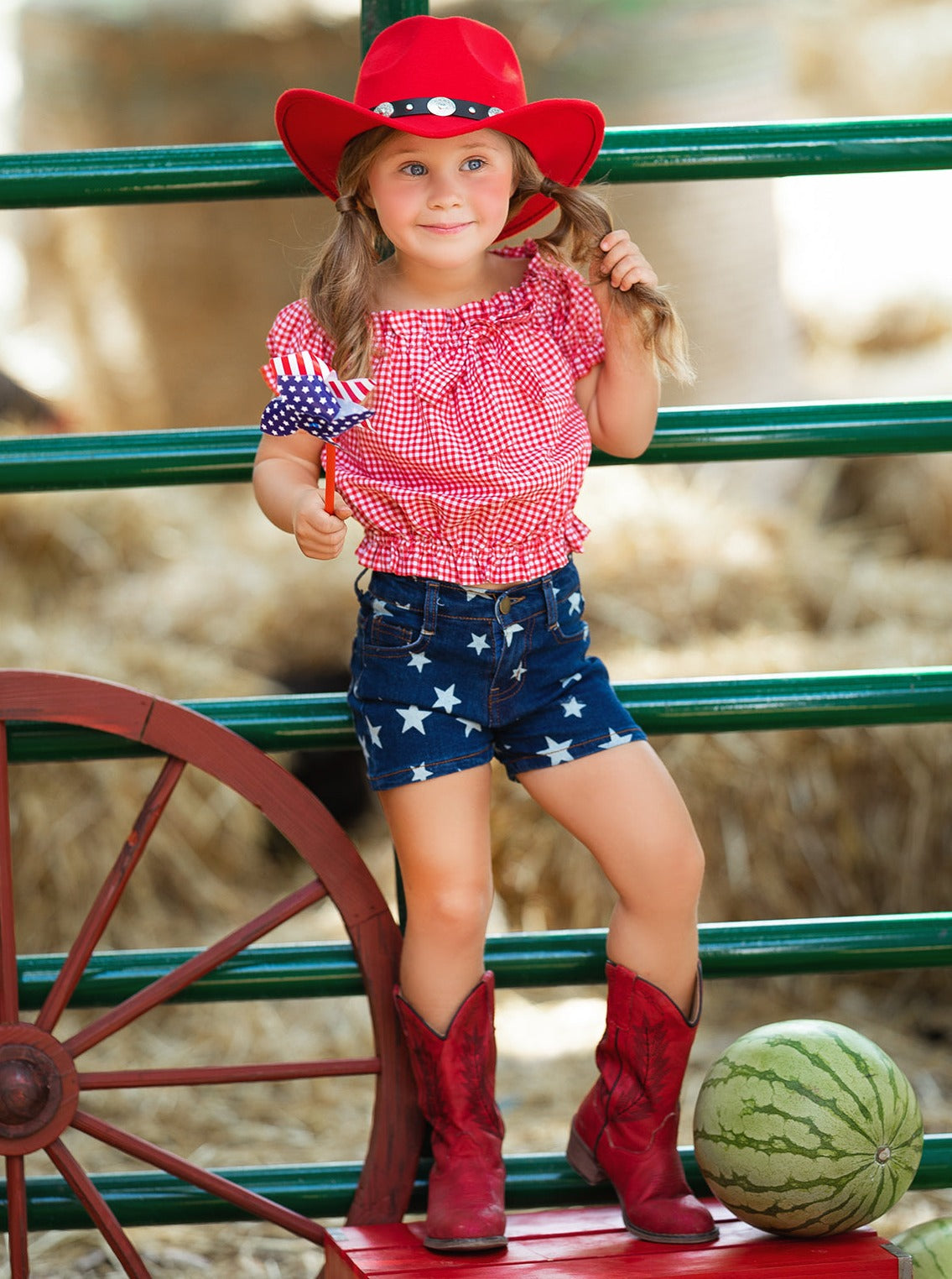 Girls 4th of July Outfits | Plaid Smocked Top & Star Denim Shorts Set