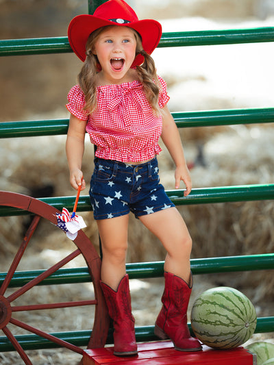 Girls 4th of July Outfits | Plaid Smocked Top & Star Denim Shorts Set